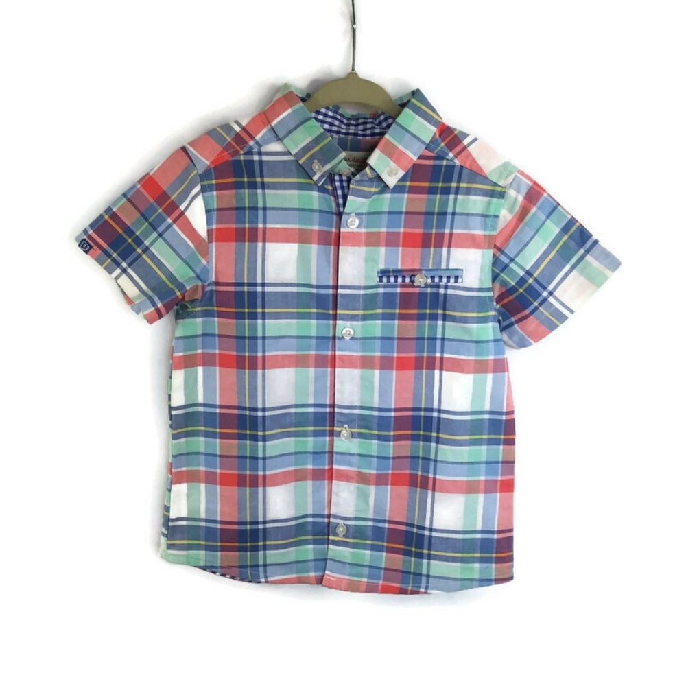 Deux Par Deux Boy's Crab Plaid Short Sleeve Button Down Shirt Size 3